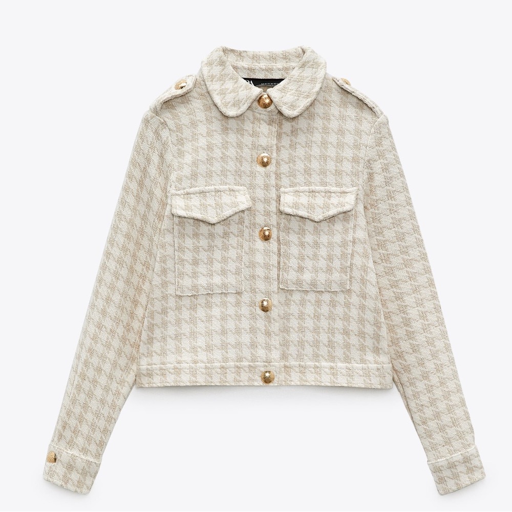ZARA Women's Houndstooth Tweed Cropped Jacket with Gold Buttons